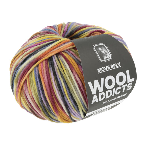 Multicolored skein of yarn with 'Wool Addicts' label on a white background