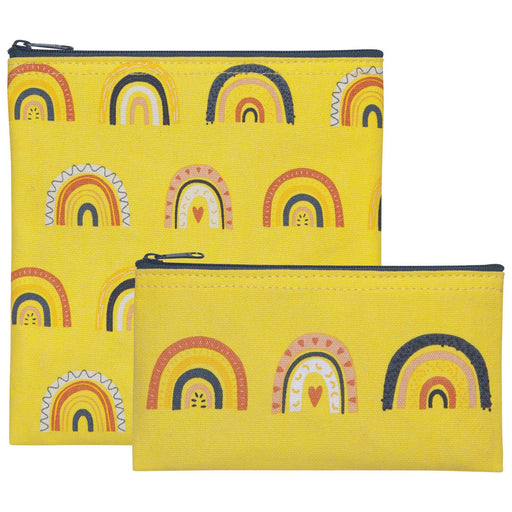 Two yellow pouches with rainbow pattern on a white background