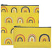 Two yellow pouches with rainbow pattern on a white background