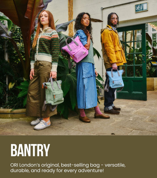 Three people holding bags with 'Bantry' branding, set against a green door and plant background. 'Ori London' is mentioned.