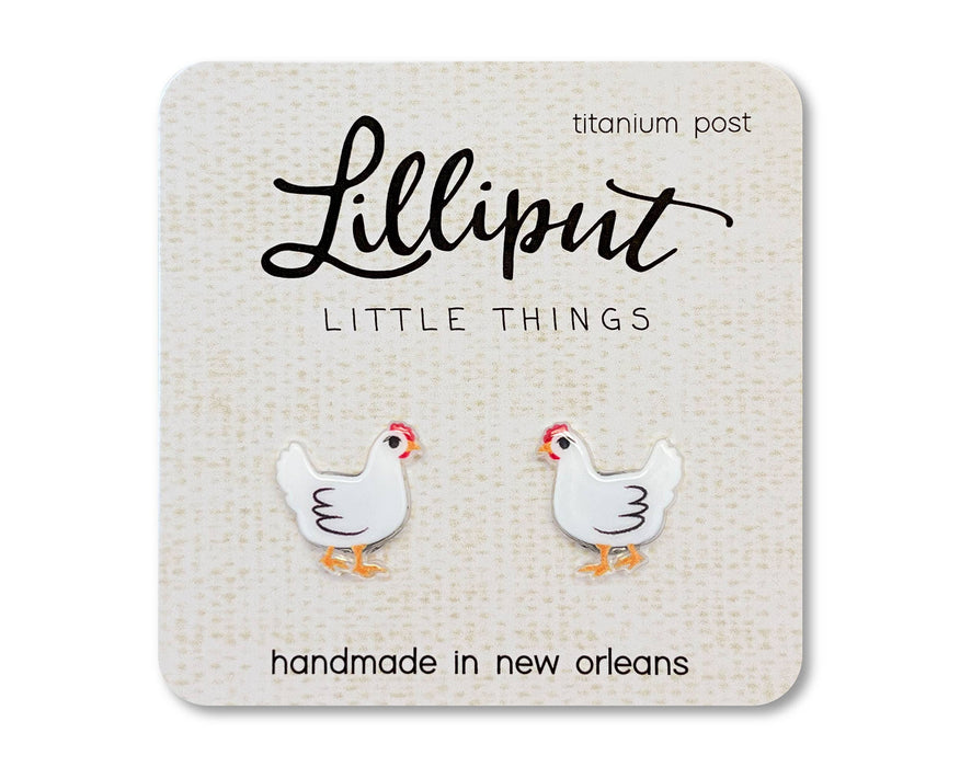 Chicken-shaped earrings on a Lilliput Little Things branded card.