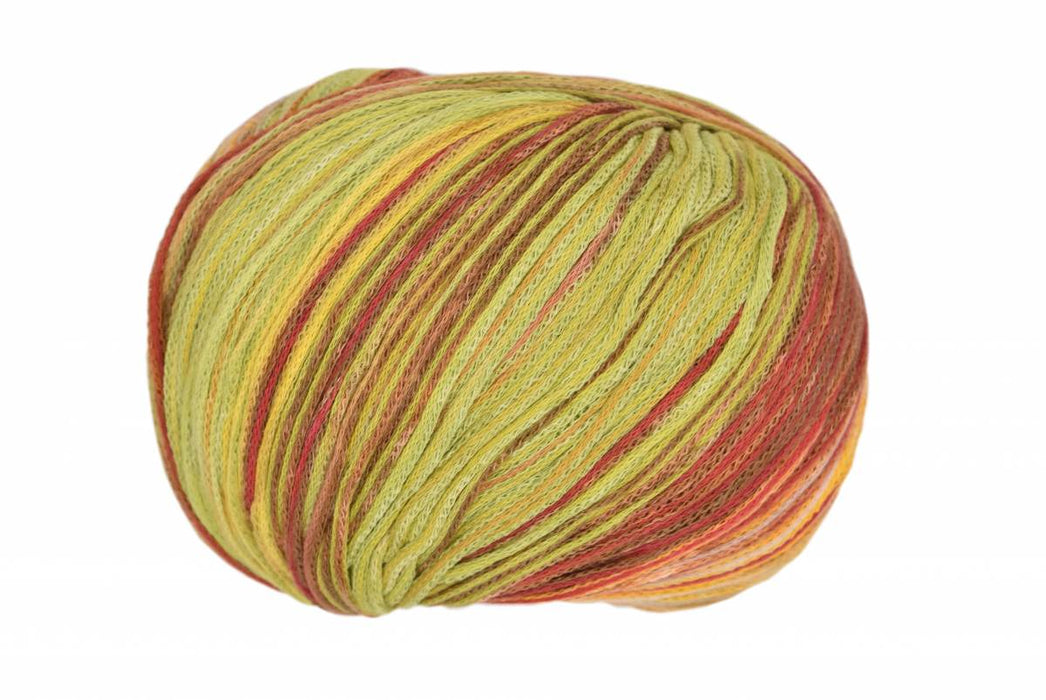 Multicolored skein of yarn on a white background