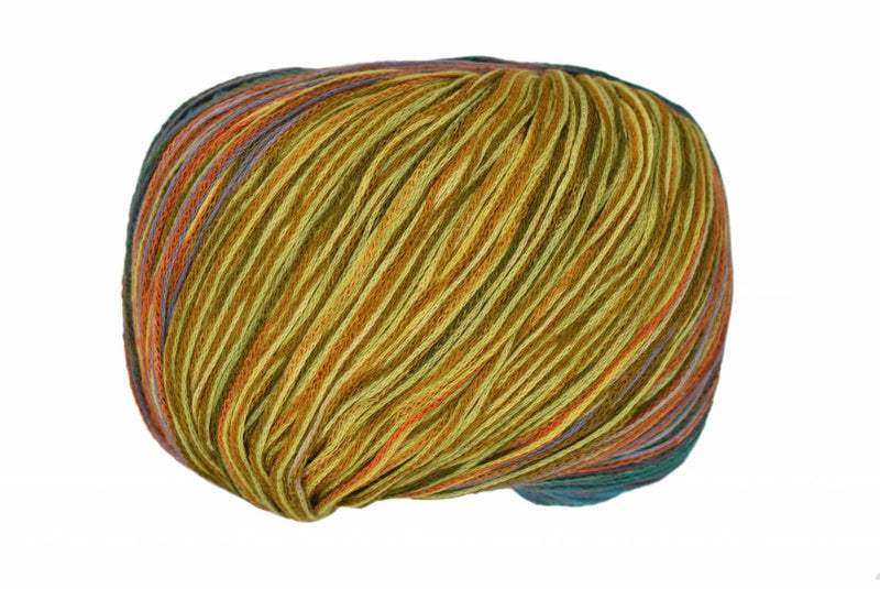 A skein of Queensland Cairns yarn in multicolor stripe pattern.