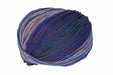 Ball of yarn with blue and brown stripes on a white background