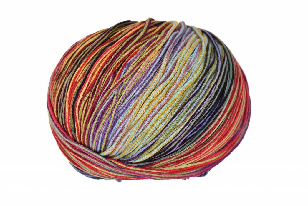 Multicolored skein of yarn on a white background