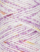 Close-up of a ball of yarn with purple and white patterns