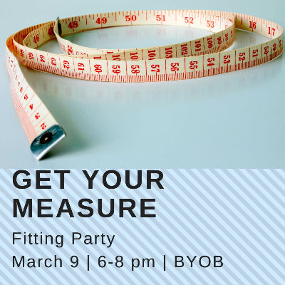 Tape measure on a light blue background with text about a fitting party.