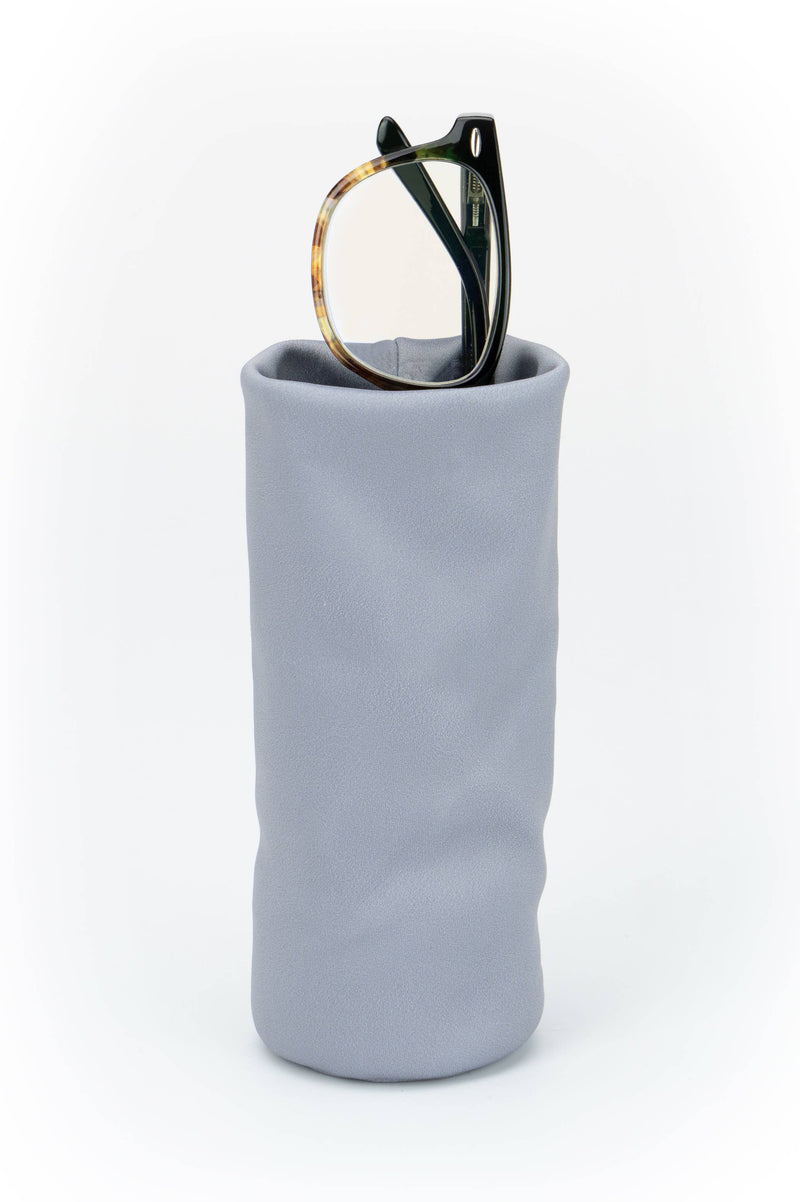 Gray eyeglass case with a pair of glasses on a white background