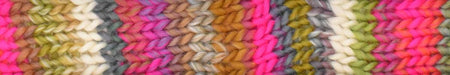 Colorful yarn swatch with a gradient of pink, green, and gray.