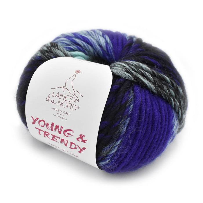 Multicolored yarn skein with a label on a white background