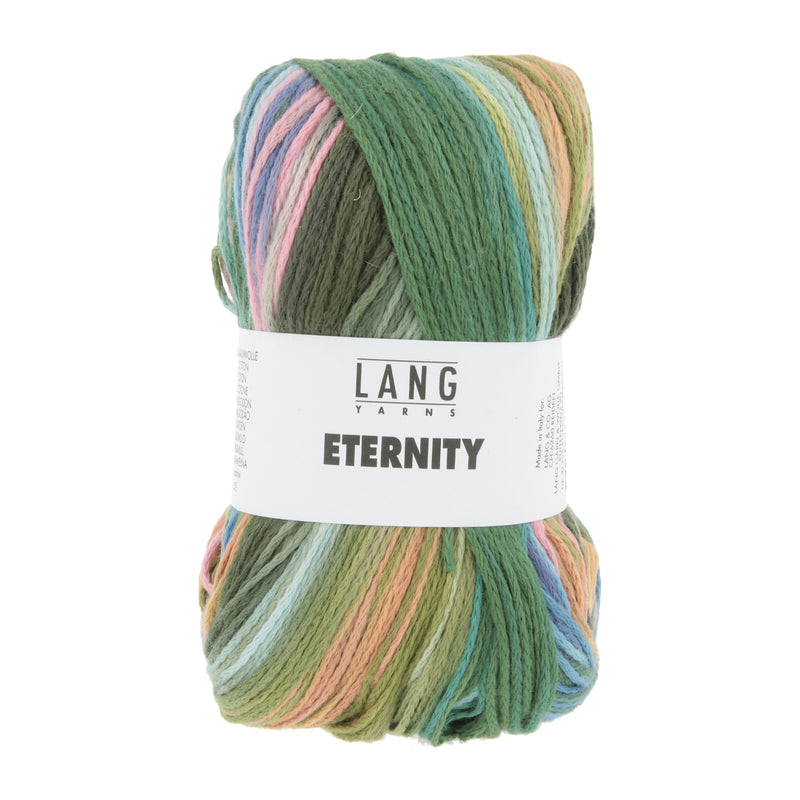 Multicolored skein of yarn with 'Lang Yarns Eternity' label on a white background