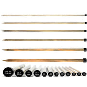 A set of wooden knitting needles in various sizes, arranged horizontally with smaller size tips displayed in a row at the bottom. The needles are light brown wood with black plastic end caps, shown against a plain white background.