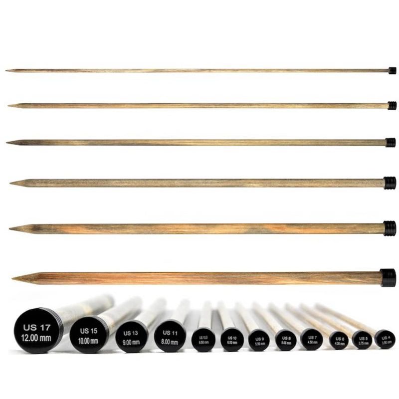 A set of wooden knitting needles in various sizes, arranged horizontally with smaller size tips displayed in a row at the bottom. The needles are light brown wood with black plastic end caps, shown against a plain white background.