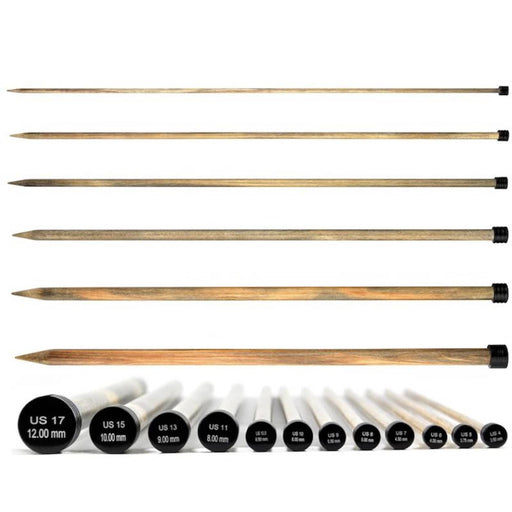 A set of wooden knitting needles in various sizes, arranged horizontally with smaller size tips displayed in a row at the bottom. The needles are light brown wood with black plastic end caps, shown against a plain white background.