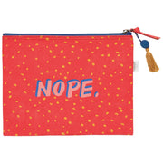 Red pouch with yellow polka dots and 'NOPE.' text on a white background