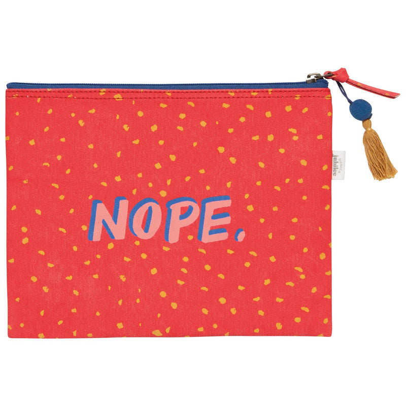 Red pouch with yellow polka dots and 'NOPE.' text on a white background