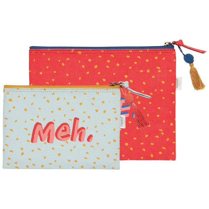 Two pouches with a red one featuring yellow polka dots and a blue one with 'Meh.' text on a white background.