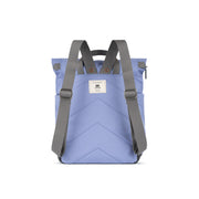 Blue backpack with gray straps on a white background