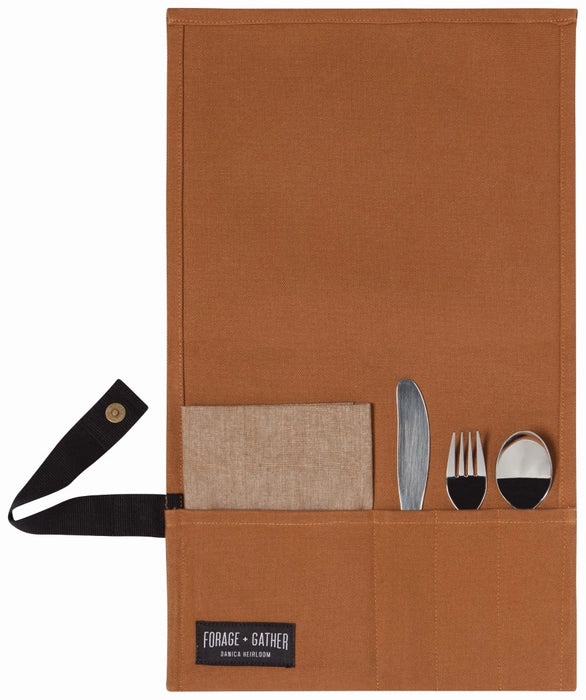 Brown fabric utensil holder with cutlery and a napkin, featuring 'Forage & Gather' branding.