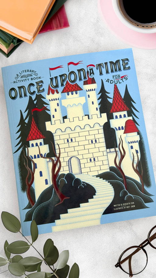 Book titled 'Once Upon a Time for Adults' with castle illustration on a white surface.