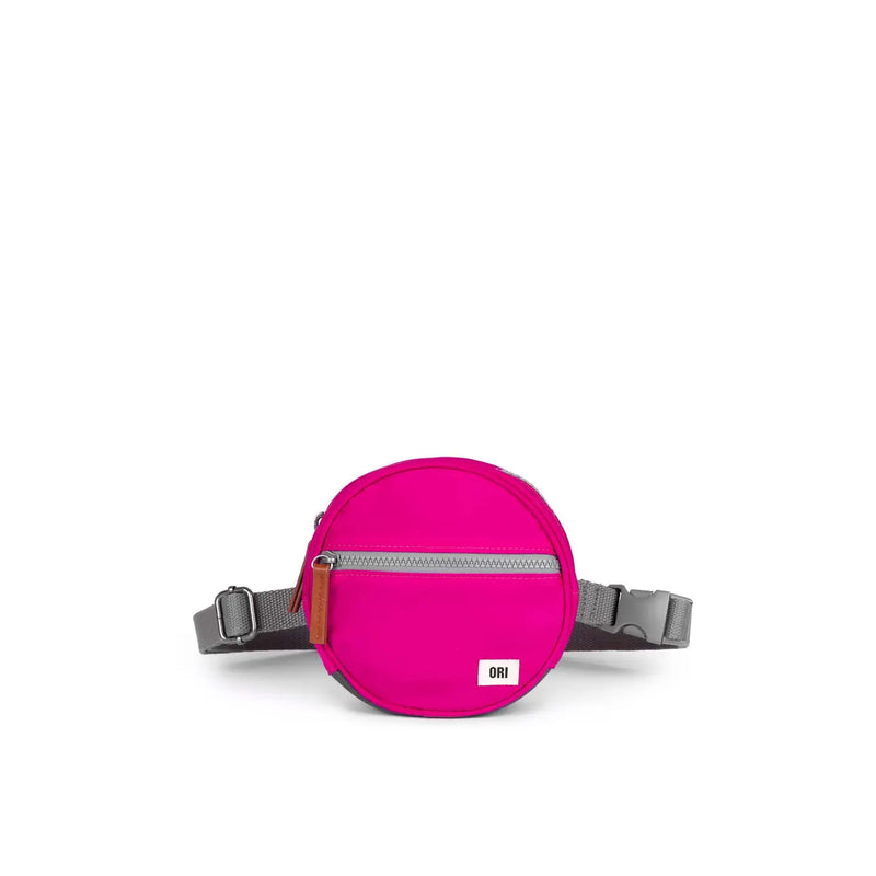 Pink waist bag with gray strap on a white background
