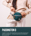 Person wearing a teal waist bag with 'Paddington D' branding on a light background