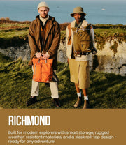 Two people standing outdoors with bags, featuring the brand 'Ori London' on a brown background.