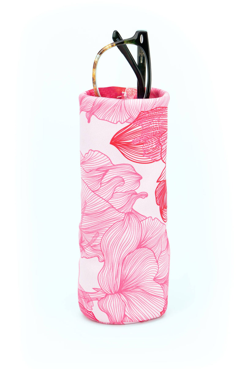 Floral-patterned sunglasses case with sunglasses inside on a white background