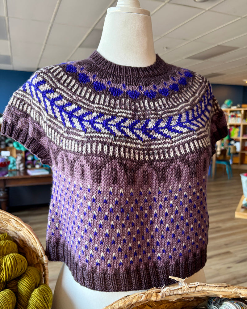 Knitted sweater with blue and white pattern on a mannequin in a store setting