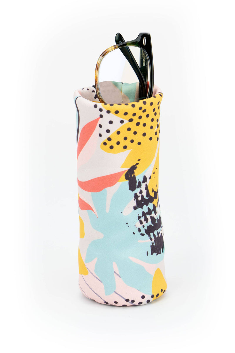 Colorful abstract-patterned pen holder on a white background