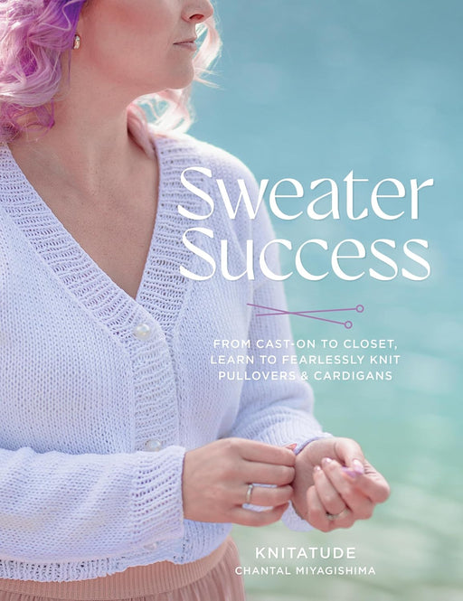 Book cover of 'Sweater Success' with a person wearing a white knitted sweater against a blurred outdoor background.