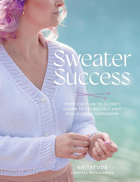 Book cover of 'Sweater Success' with a person wearing a white knitted sweater against a blurred outdoor background.