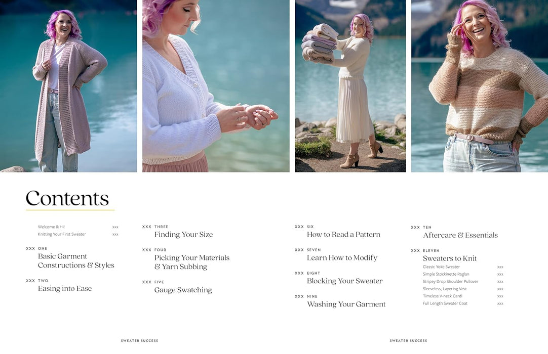 Collage of a person with pink hair in various outfits by a body of water.