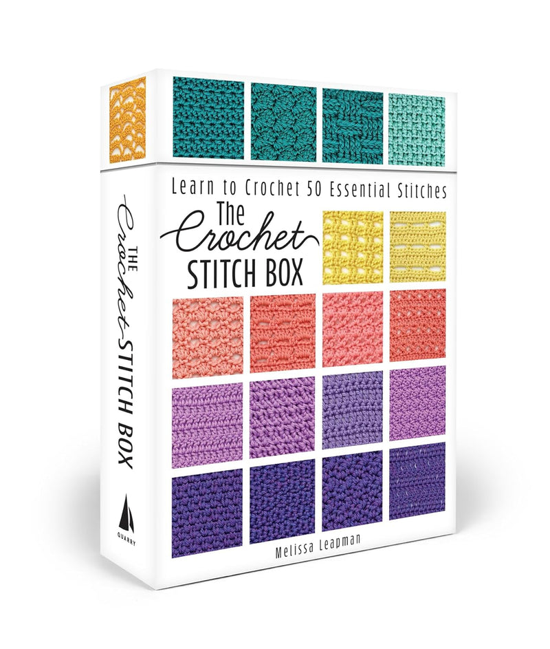 The Crochet Stitch Box with colorful crochet patterns on a white background