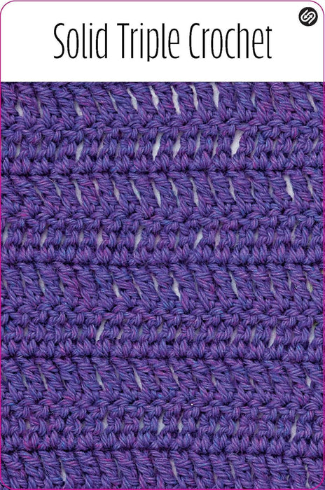 Close-up of solid triple crochet pattern in purple yarn with text overlay.