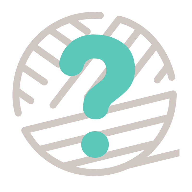 Teal question mark in front of a stylized yarn ball on a white background