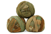 Three skeins of variegated yarn stacked in a pyramid shape on a white background. The yarn features a mix of earthy colors including olive green, tan, and brown.
