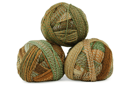 Three skeins of variegated yarn stacked in a pyramid shape on a white background. The yarn features a mix of earthy colors including olive green, tan, and brown.