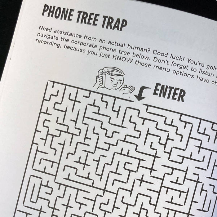 Maze labeled 'Phone Tree Trap' with text instructions on a printed page.