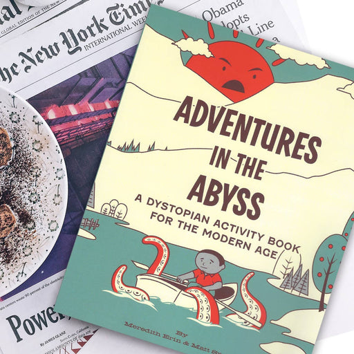 Book titled 'Adventures in the Abyss' on a newspaper background