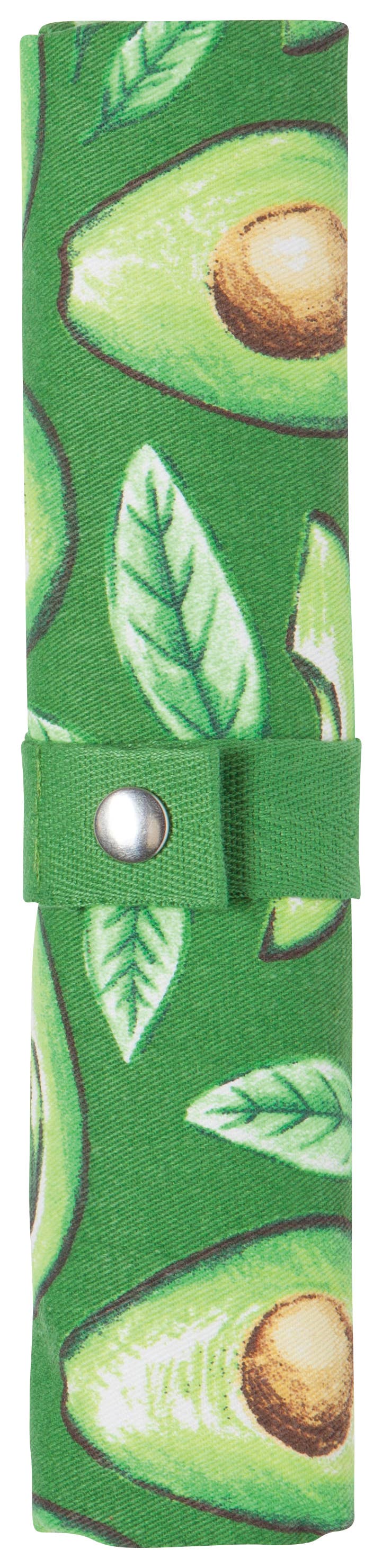 Avocado-patterned knife roll with a green strap and button closure.