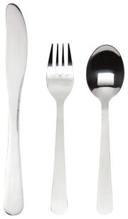 Set of silver cutlery including a knife, fork, and spoon on a white background