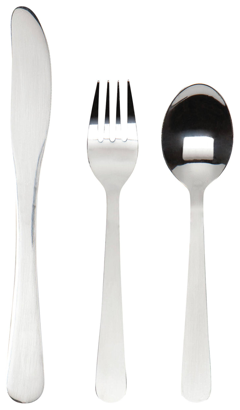 Set of silver cutlery including a knife, fork, and spoon on a white background