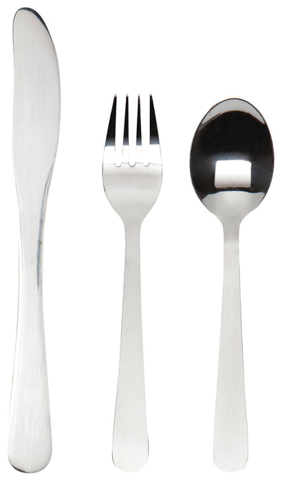 Set of silver cutlery including a knife, fork, and spoon on a white background
