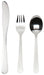 Set of silver cutlery including a knife, fork, and spoon on a white background