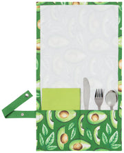 Green apron with avocado pattern and white towel with cutlery on a white background