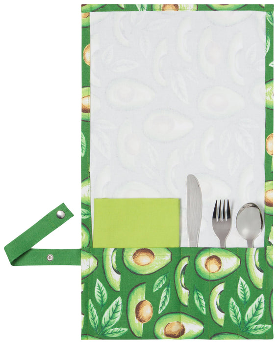 Green apron with avocado pattern and white towel with cutlery on a white background