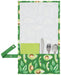 Green apron with avocado pattern and white towel with cutlery on a white background
