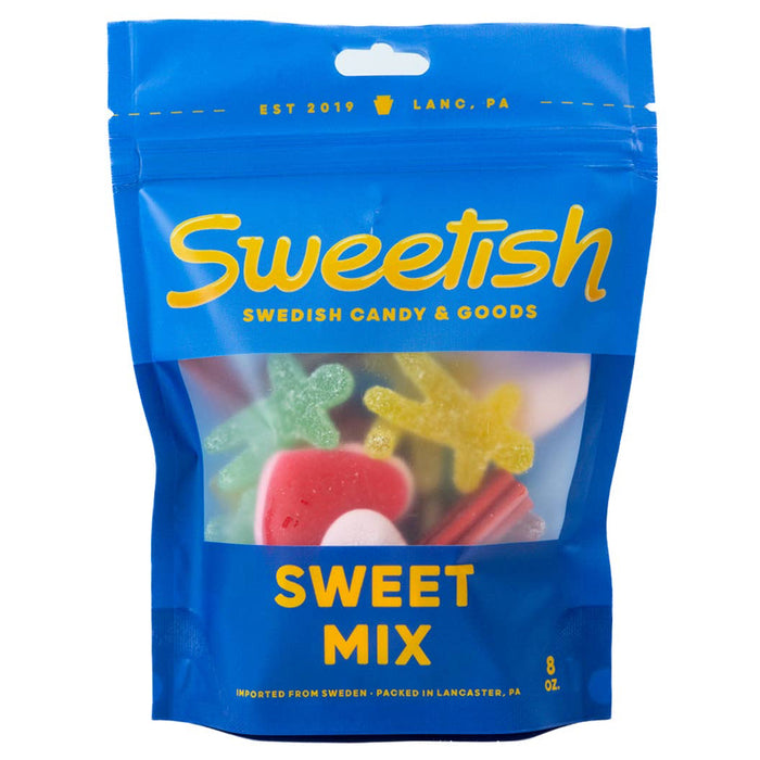 Blue bag of Sweetish Swedish candy mix on a white background