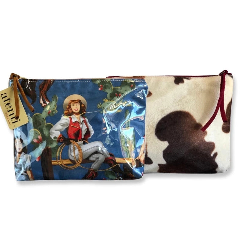 front and back of cowgirl zip pouches